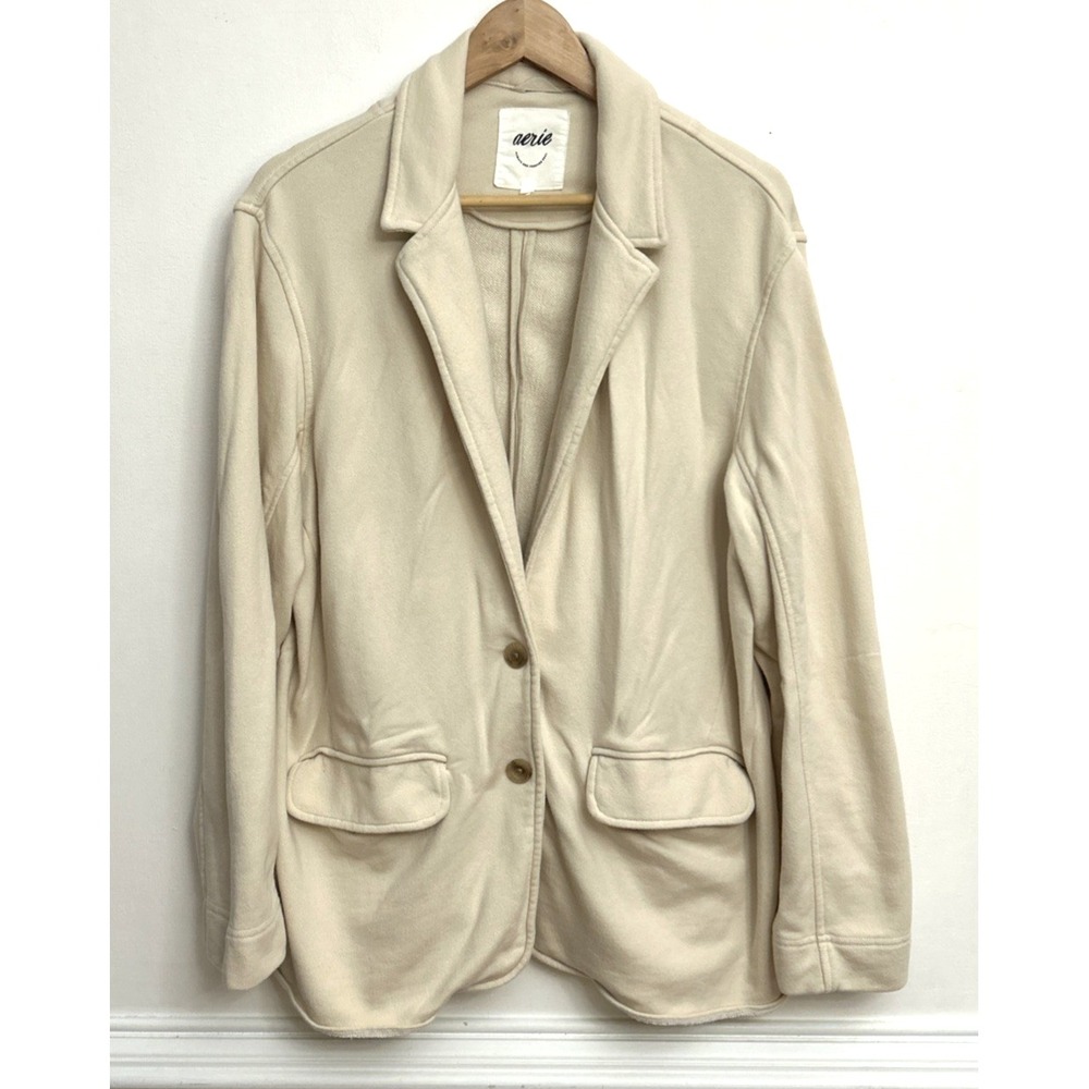 Aerie Knit Blazer Cardigan Jacket Women's L Cream Casual Cozy Coastal 2-Button